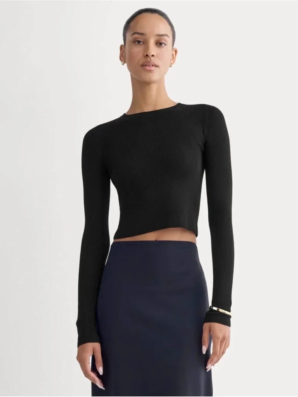 New Everlane THE CROPPED CREW TOP IN ULTRAFINE MERINO Black Size M